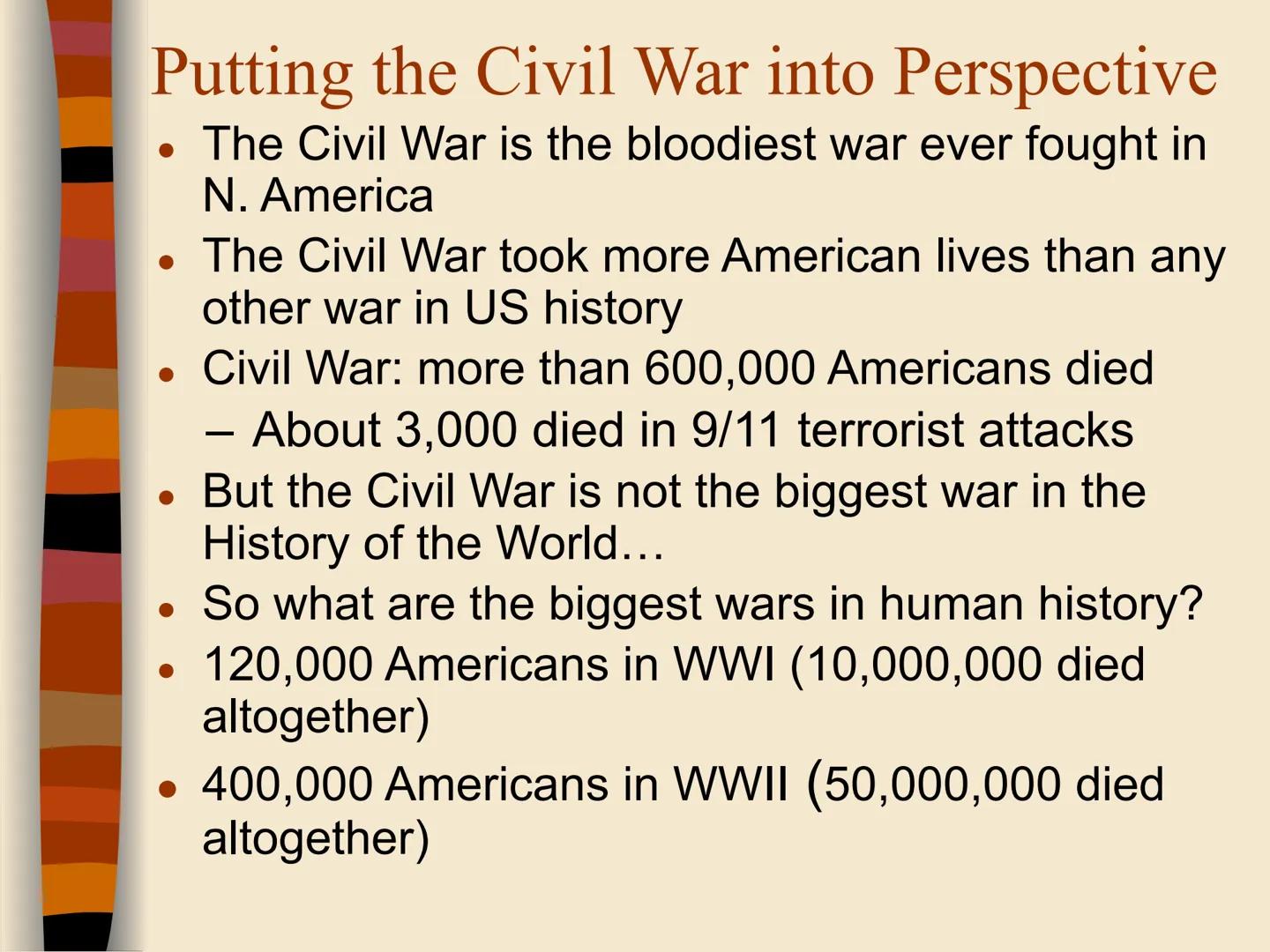 CIVIL WAR
***
Rebels
-VS-
Yankees
EQ: What are the key events of the Civil War? # Key Information on the War
* The Civil War is the 4th