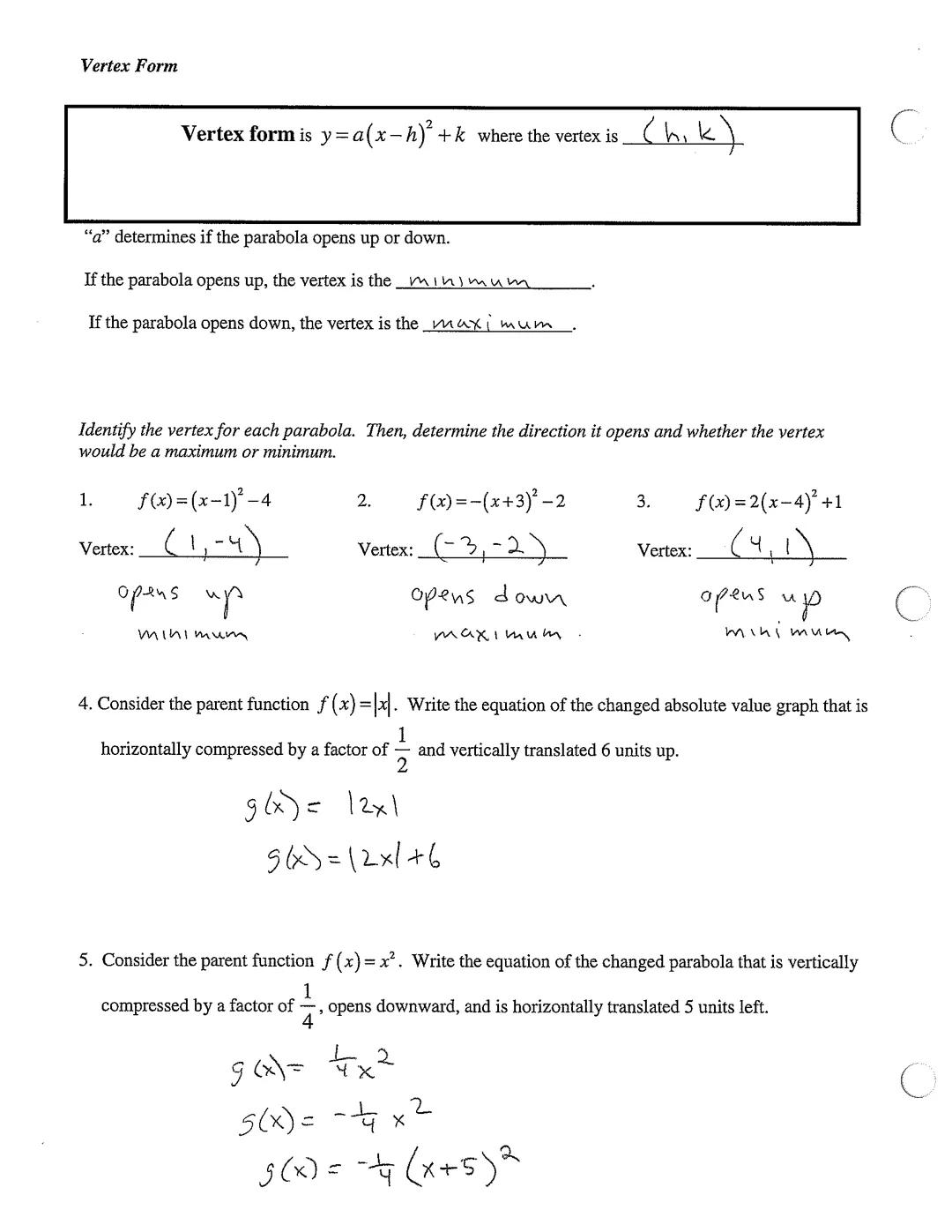 2.1 Transformations - Quadratic Functions Name
The transformations discussed in chapter one will now be utilized for quadratic functions.
C