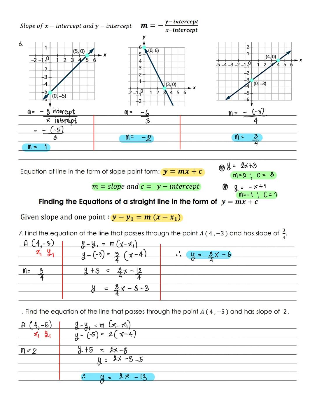 Full Name:
EQUATIONS of LINES
x - intercept and y - intercept
Slope of two points in a line : m =
1.A (2,1) B (4,5)
x, y,
m= 2₂-2₁
X₂ 2₂
₂-X