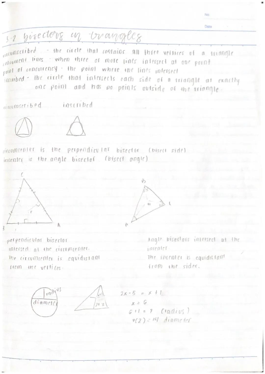 No.
Date
5-1 perpendicular and angle
value of WY
50°2 W 2017
Z
20 75n-2
BISECTORS
Theorem 5-1 Perpendicular Bisector
if a point is on the
pe