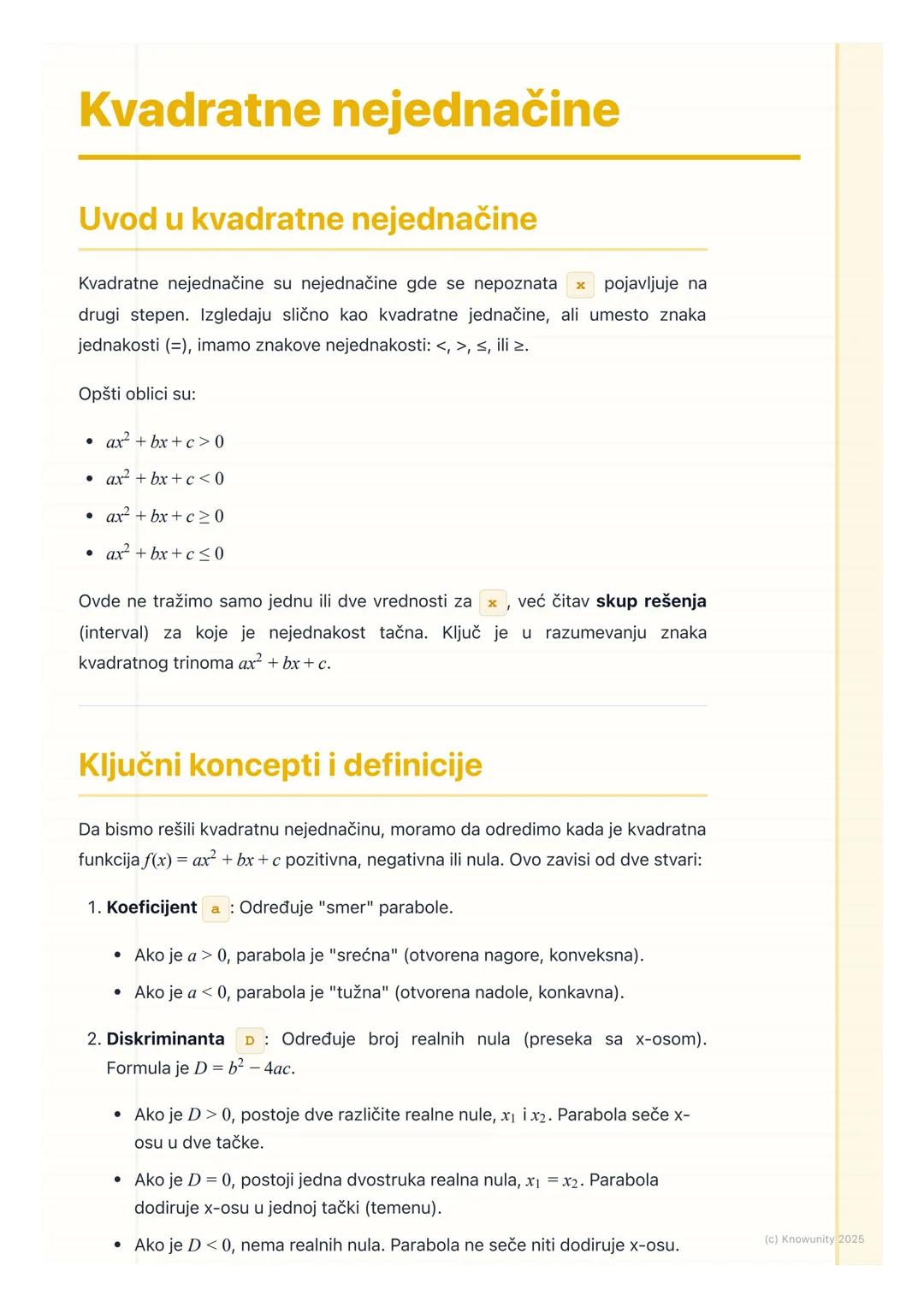 # Kvadratne nejednačine
# Uvod u kvadratne nejednačine
Kvadratne nejednačine su nejednačine gde se nepoznata $x$ pojavljuje na
drugi stepe