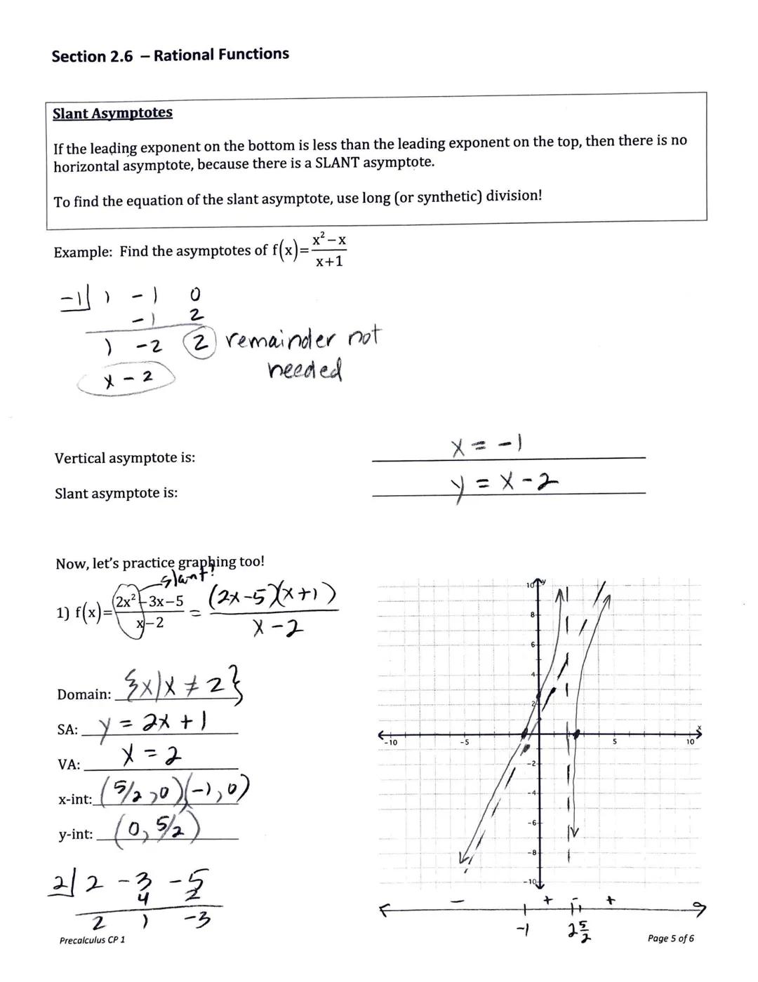 Section 2.6 - Rational Functions
_N(x)
Rational Functions are ratios (quotients) of polynomials, written in the form f(x)= D(x)'
N(x) and D(