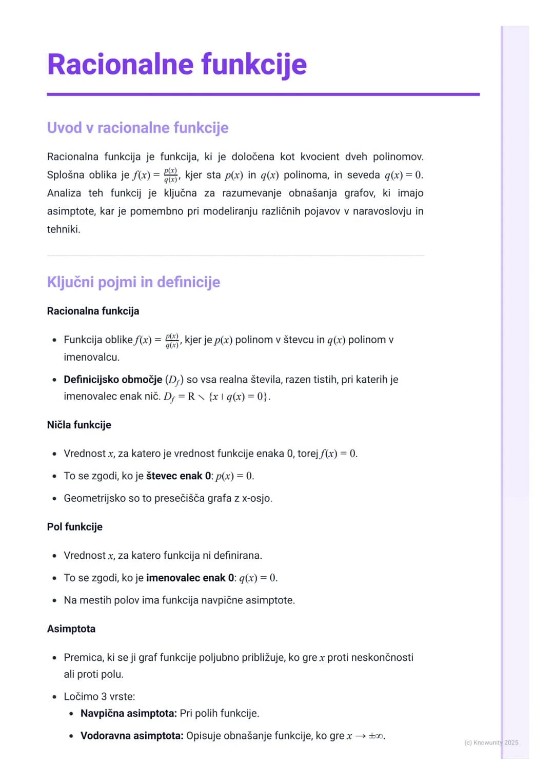 # Racionalne funkcije
Uvod v racionalne funkcije
Racionalna funkcija je funkcija, ki je določena kot kvocient dveh polinomov.
Splošna obli