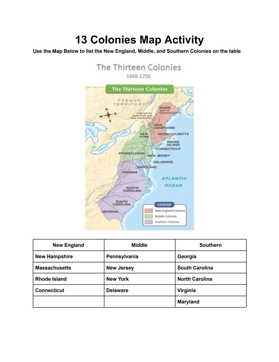 13 Colonies Map Activity
Use the Map Below to list the New England, Middle, and Southern Colonies on the table
New England
New Hampshire
Mas
