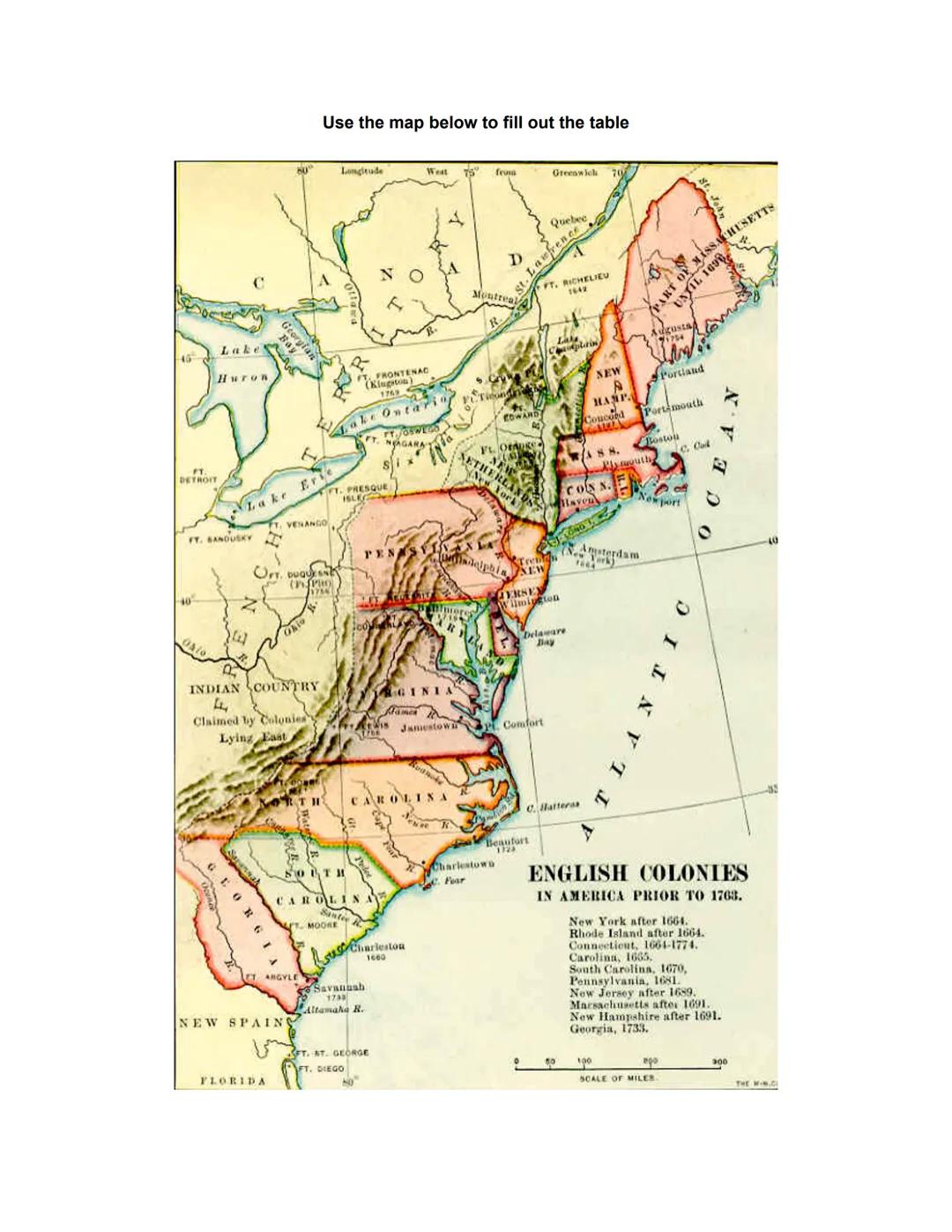 13 Colonies Map Activity
Use the Map Below to list the New England, Middle, and Southern Colonies on the table
New England
New Hampshire
Mas