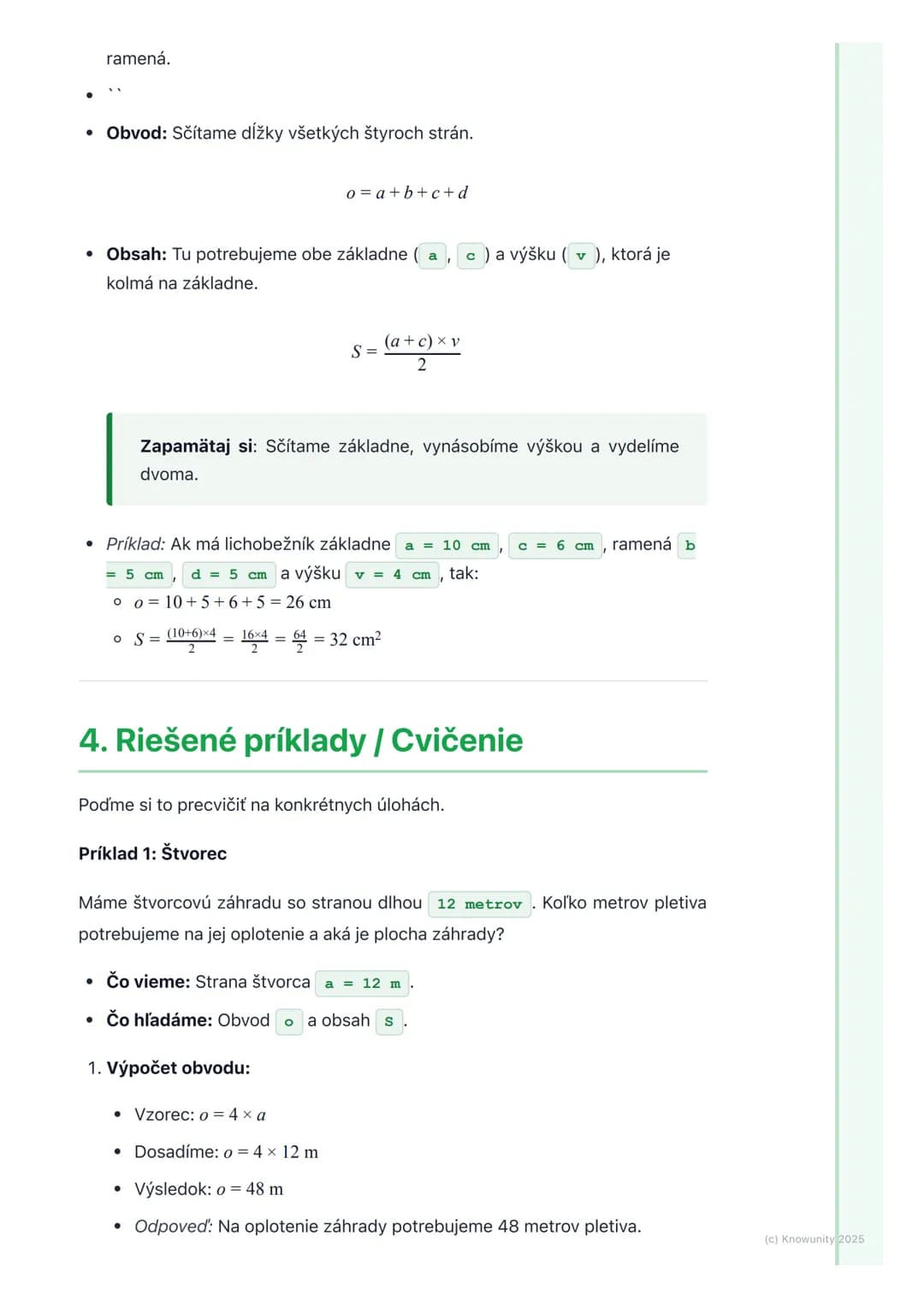 # Obvod a obsah štvoruholníkov
1. Prehľad obvodu a obsahu
štvoruholníkov
Dnes sa budeme učiť o štvoruholníkoch a ako vypočítať ich obvod a