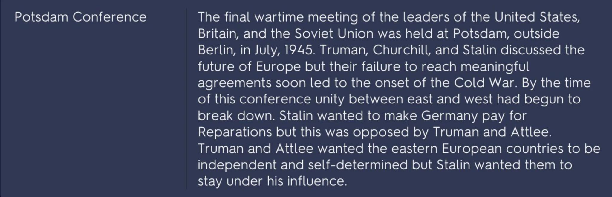 Yalta conference
1945 Meeting with US president Franklin Roosevelt, British Prime
Minister (PM) Winston Churchill, and and Soviet Leader Sta