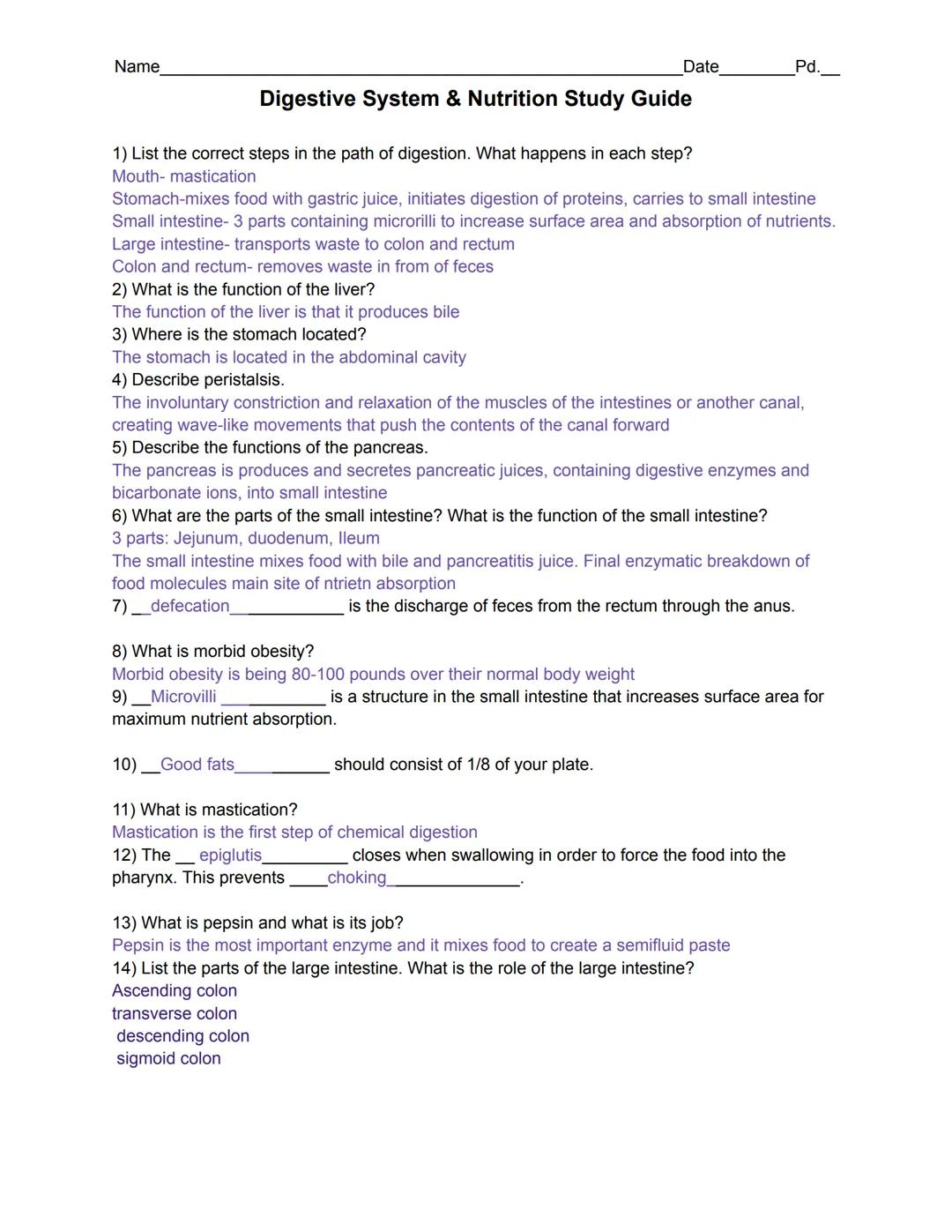 Name________________________________________________________________Date________________Pd.__________
# Digestive System & Nutrition Study
