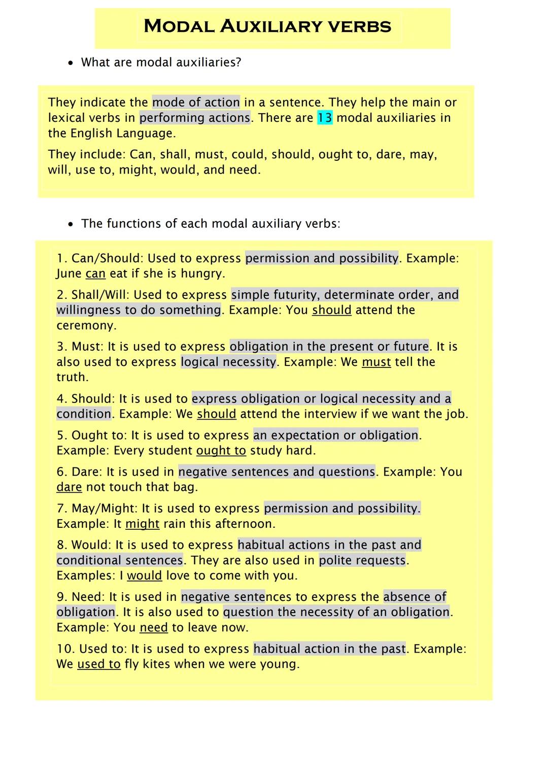 MODAL AUXILIARY VERBS
• What are modal auxiliaries?
They indicate the mode of action in a sentence. They help the main or
lexical verbs in p