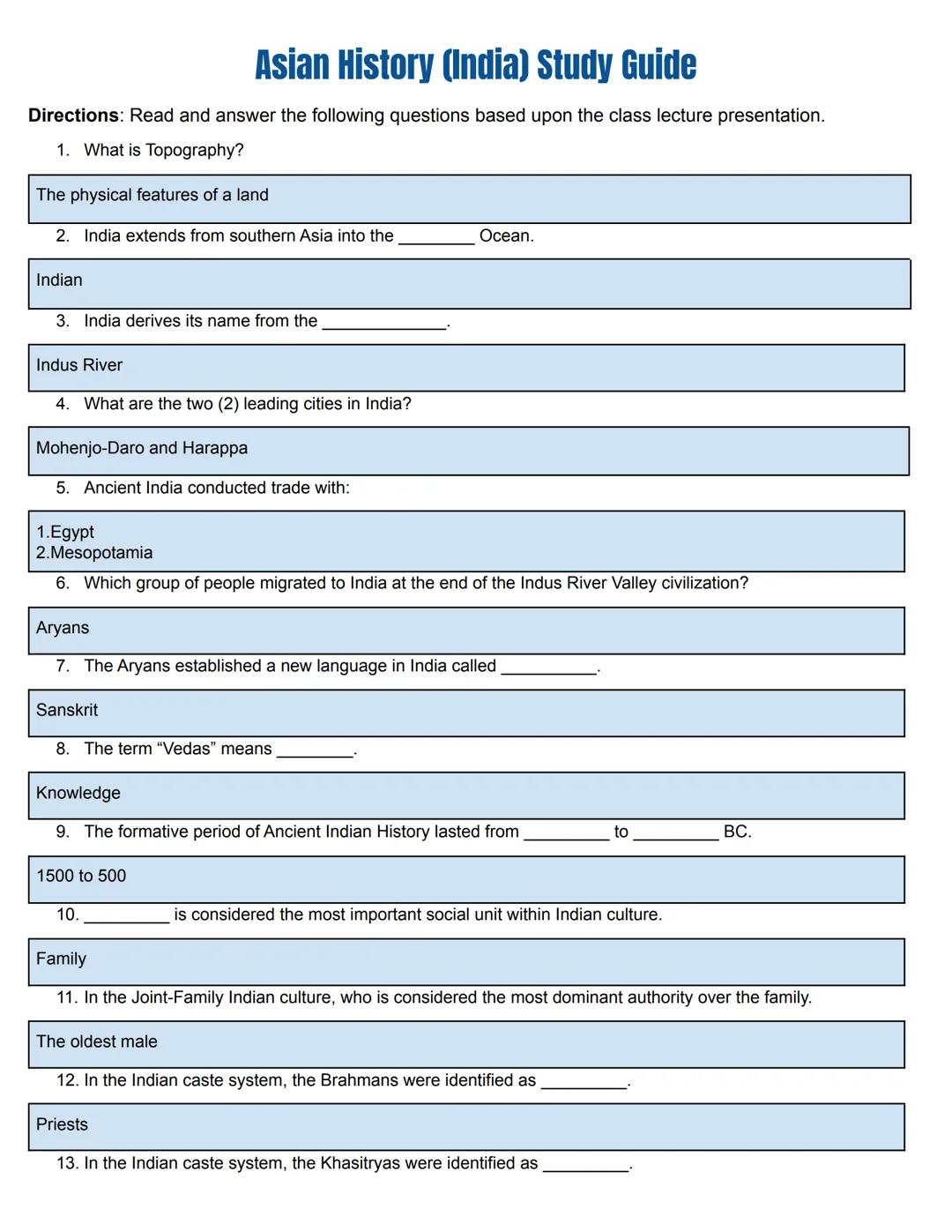 # Asian History Study Guide Packet
(India)
ASIAN
HISTORY # Asian History (India) Study Guide
Directions: Read and answer the following que