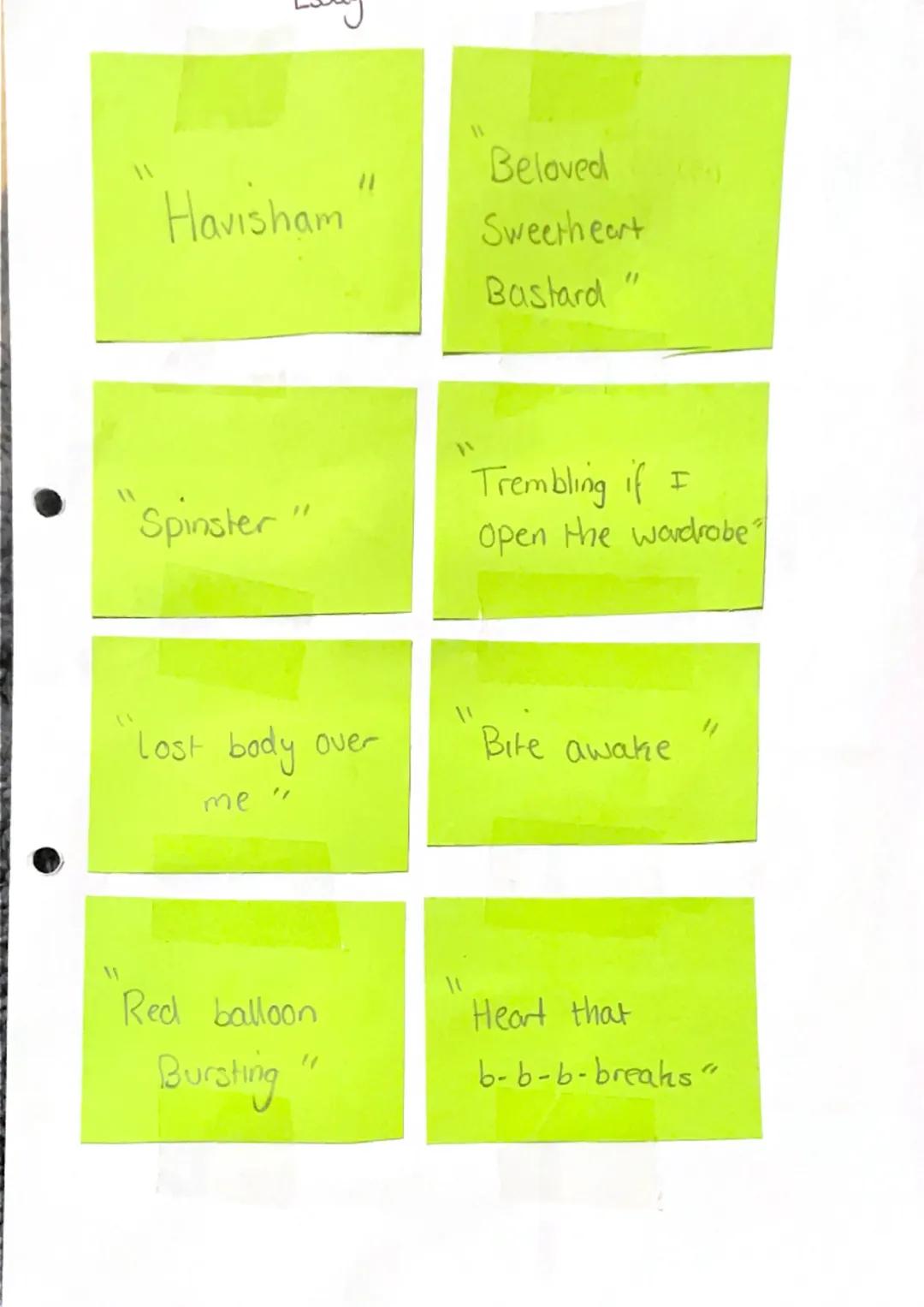 Havisham
Spinster
Lost body over
me "
Red balloon
Bursting
11
Beloved
Sweetheart
Bastard
(1
Trembling if I
Open the wardrobe
Bite awake.
Hea