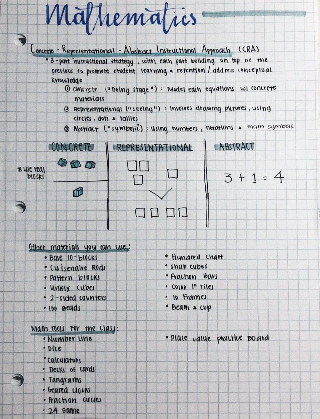 # Mathematics
Concrete - Representational - Abstract Instructional Approach (CRA)
* 3-part instructional strategy, with each part buildin