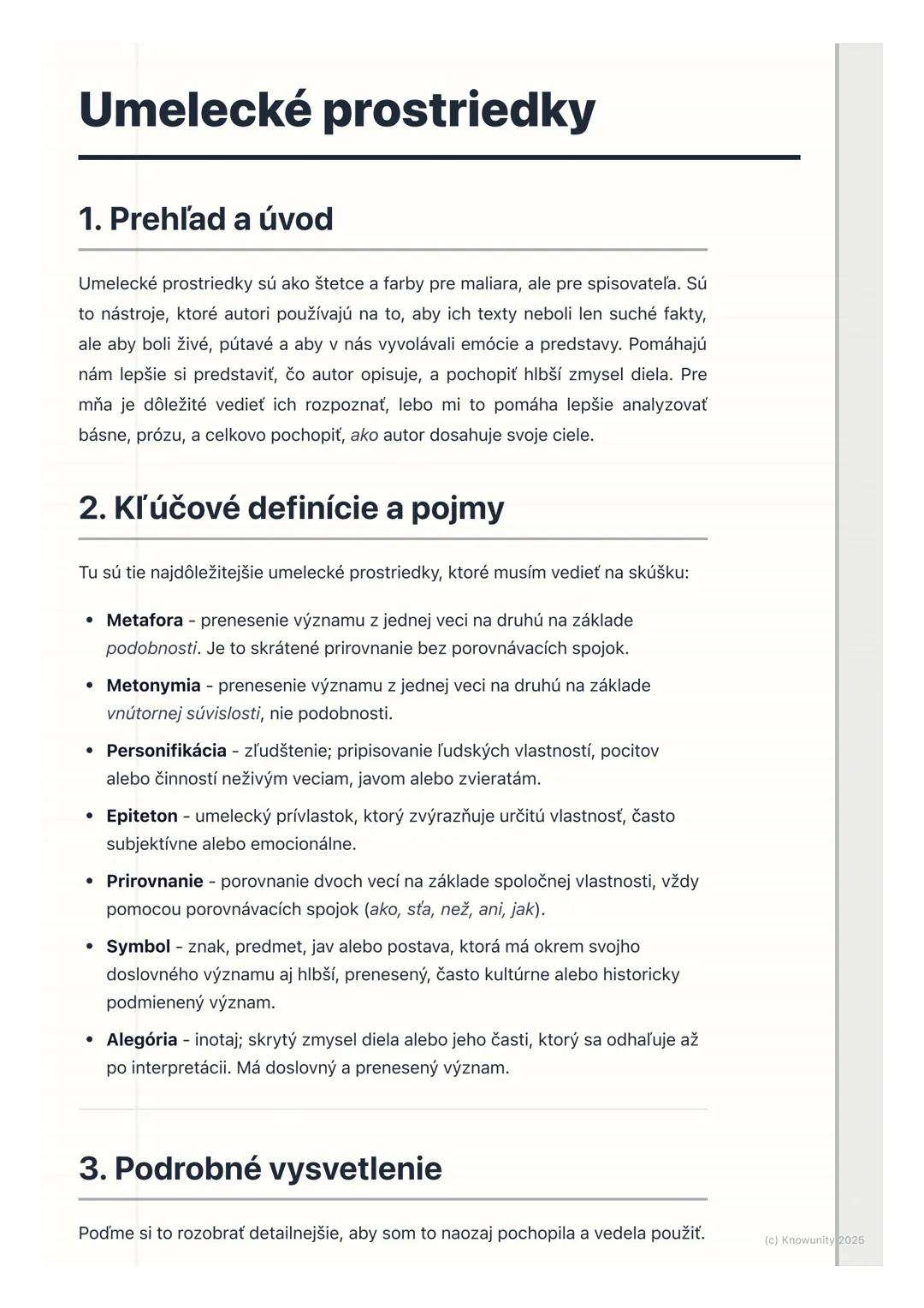 # Umelecké prostriedky
## 1. Prehľad a úvod
Umelecké prostriedky sú ako štetce a farby pre maliara, ale pre spisovateľa. Sú
to nástroje, k