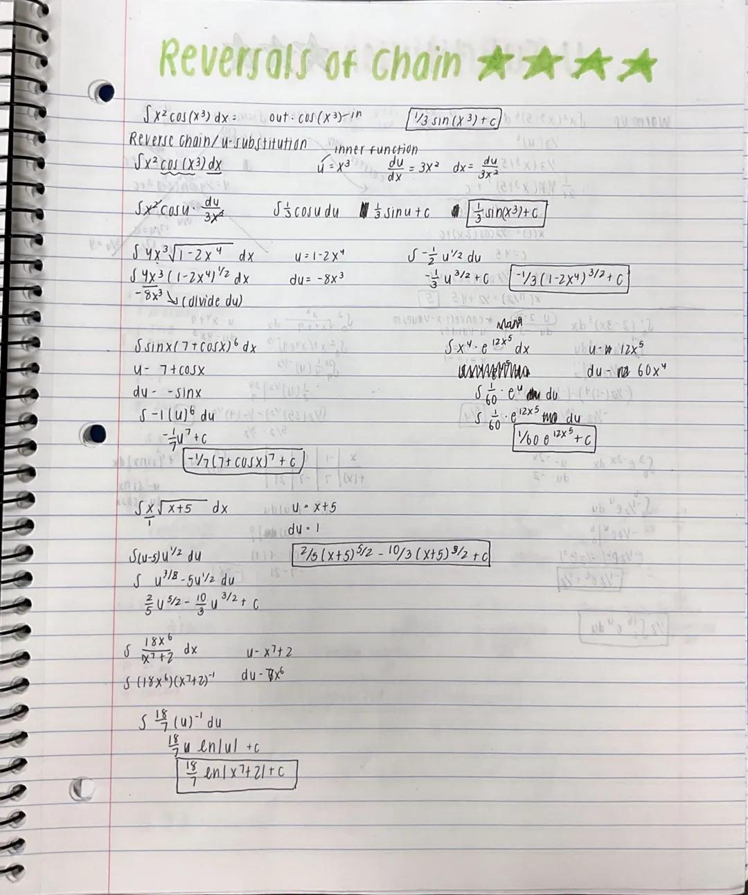 # Reversals of Chain
SX2 cos(x3) dx= out: cos(x3)-in
Reverse chain/u-substitution inner function
√x2 c01 (x3) dx
1/3 sin(x3) + caix
=X3