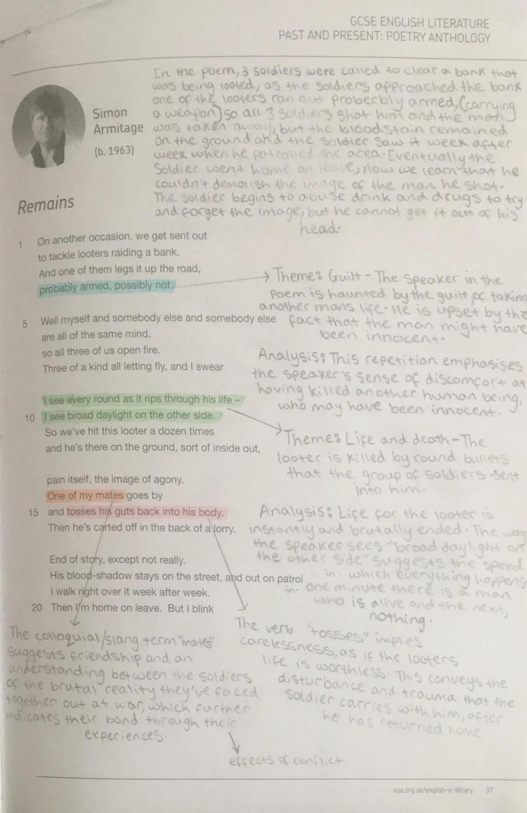 # GCSE ENGLISH LITERATURE
PAST AND PRESENT: POETRY ANTHOLOGY
In the poem, 3 soldiers were called to clear a bank that
was being looted, as