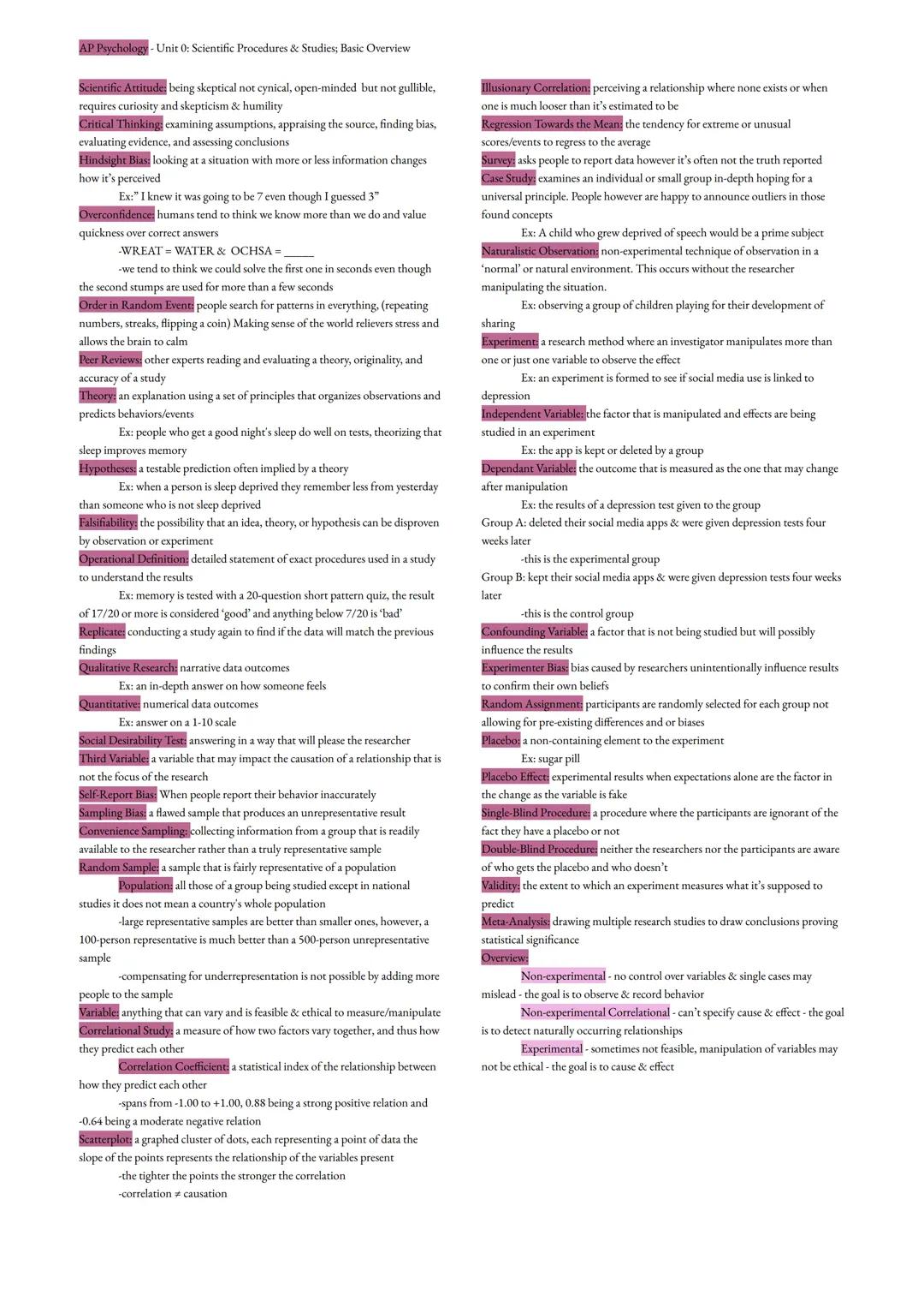 AP Psychology Unit 0: Overview of Research Procedures and Scientific Methods