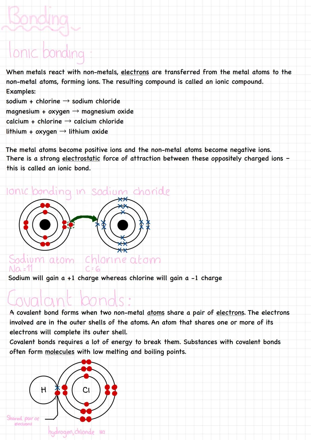 Bonding
lonic bonding
When metals react with non-metals, electrons are transferred from the metal atoms to the
non-metal atoms, forming ions